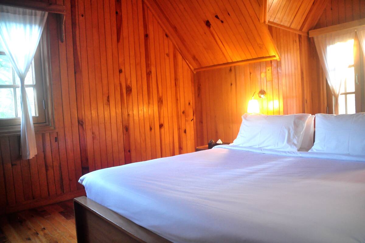 A wooden room with a bed, a nightstand, and a wall-mounted lamp.