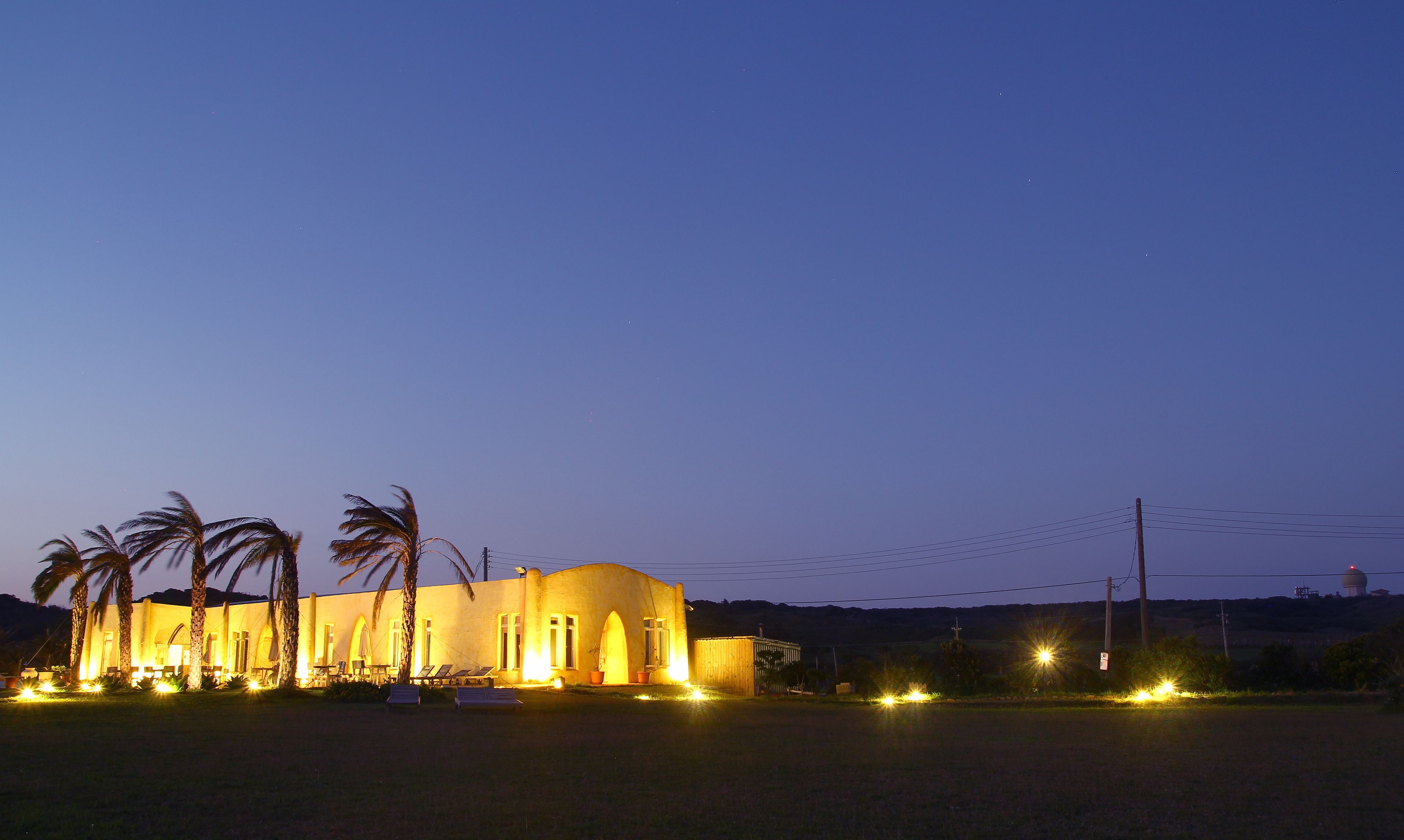 A building with a curved facade, palm trees, and outdoor seating.