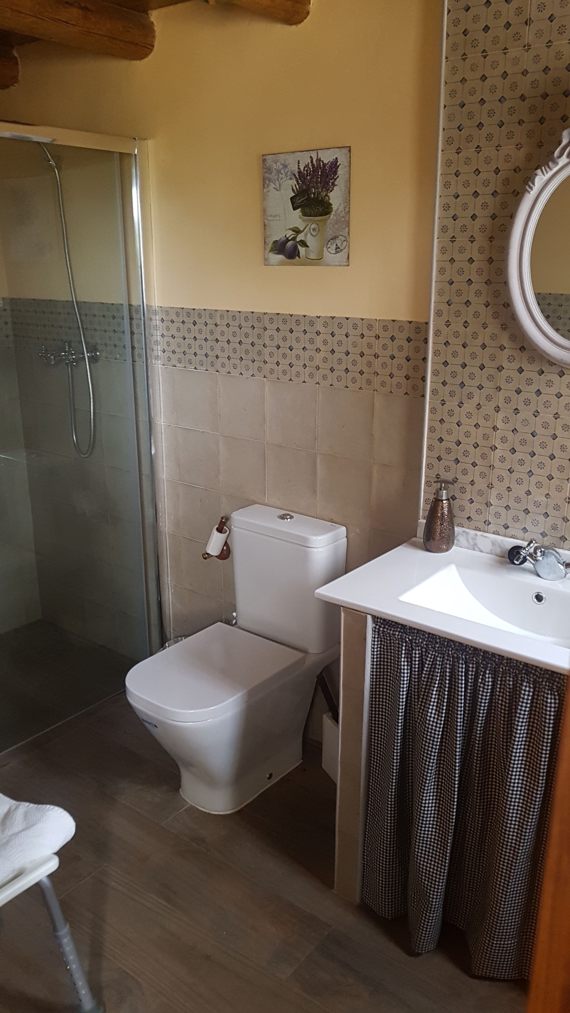 Baño con ducha, inodoro, lavamanos y espejo.