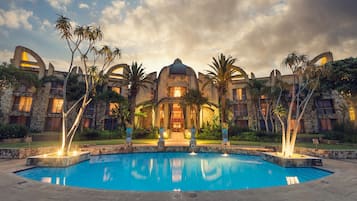 Outdoor pool, pool umbrellas, pool loungers