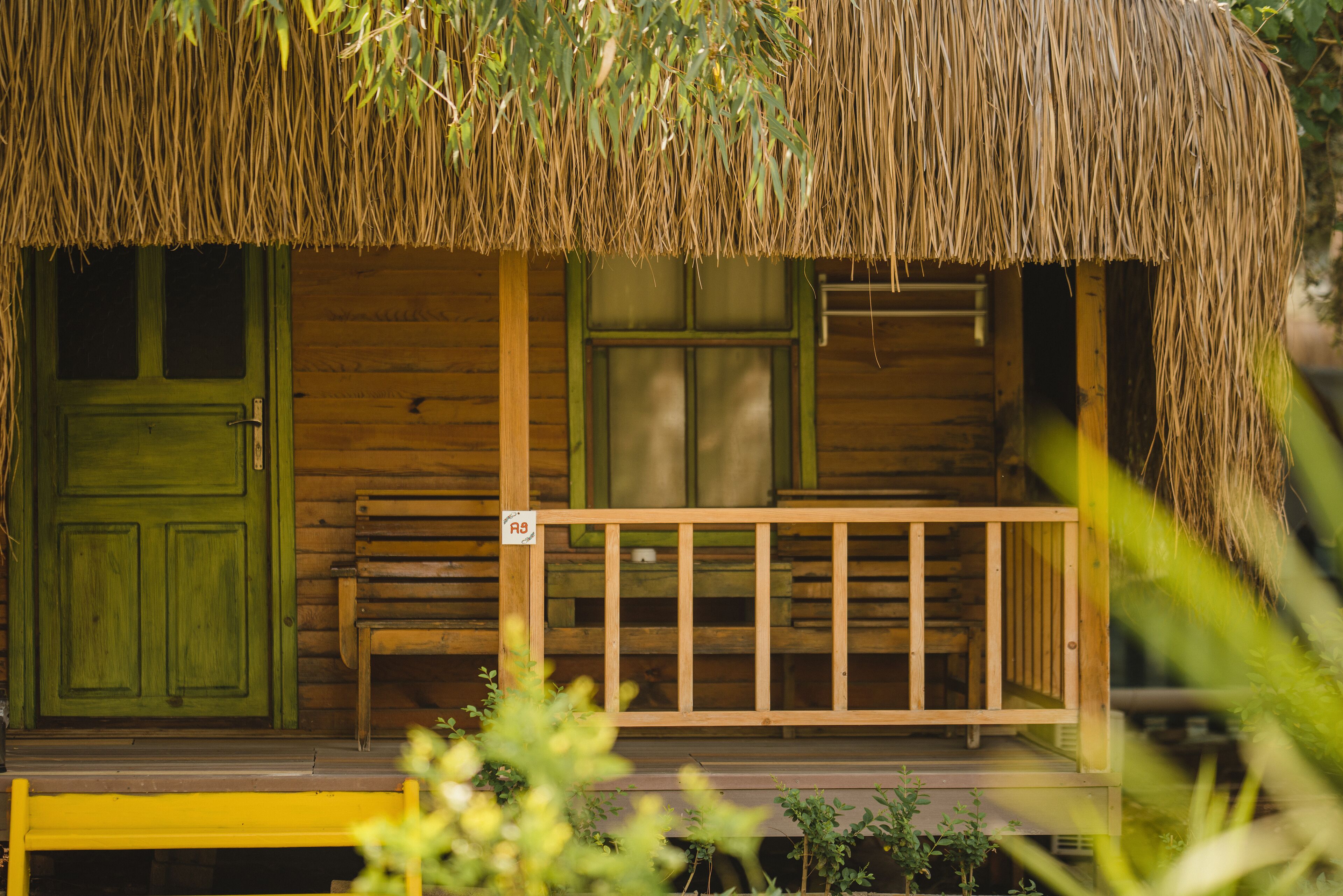 A wooden cabin with a thatched roof, a green door, and a wooden bench on the porch.
