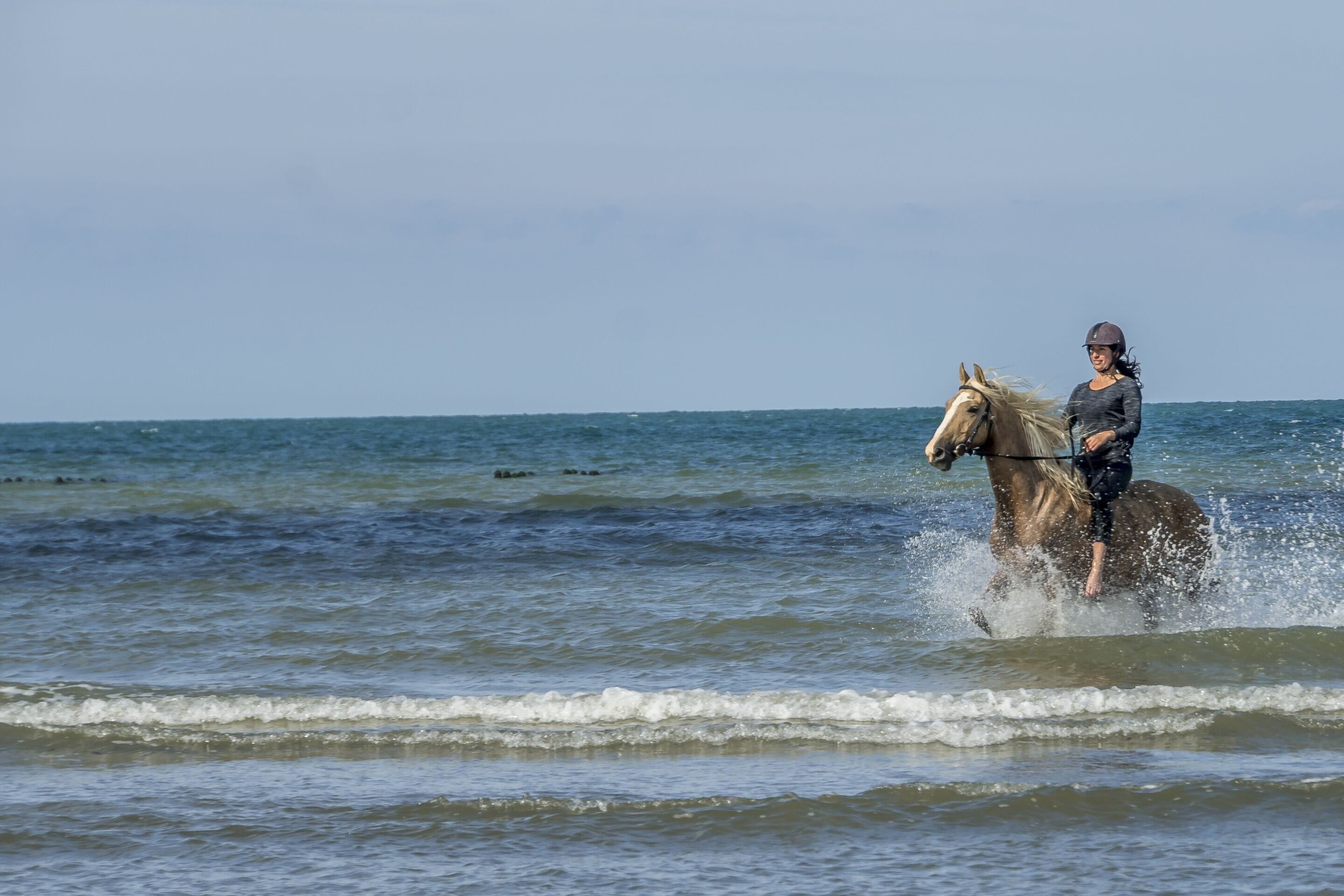 Une personne à cheval sur la plage.