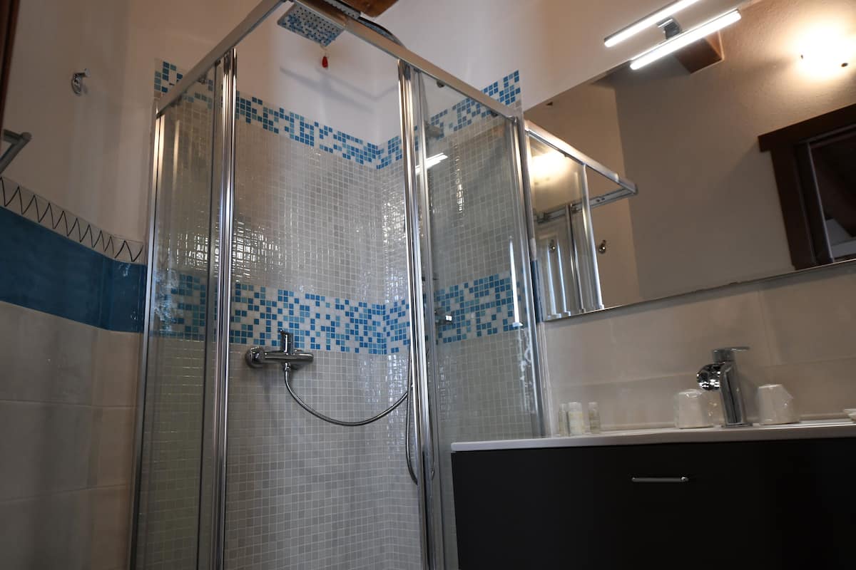Un baño con ducha compartimentada con vidrio, paredes con azulejos, lavamanos con espejo y un armario.