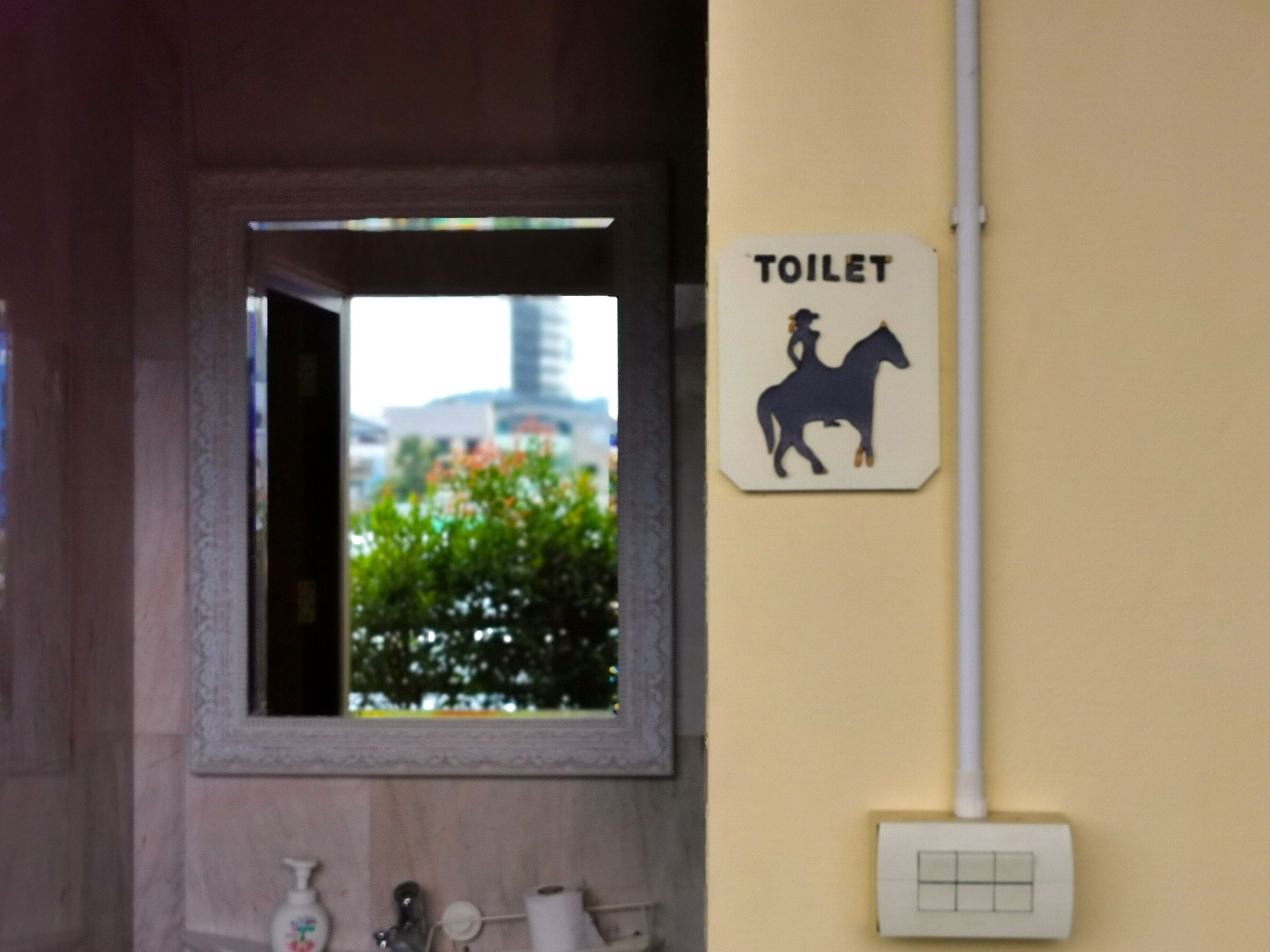 A bathroom with a toilet sign, a window, and a view of a building and trees.