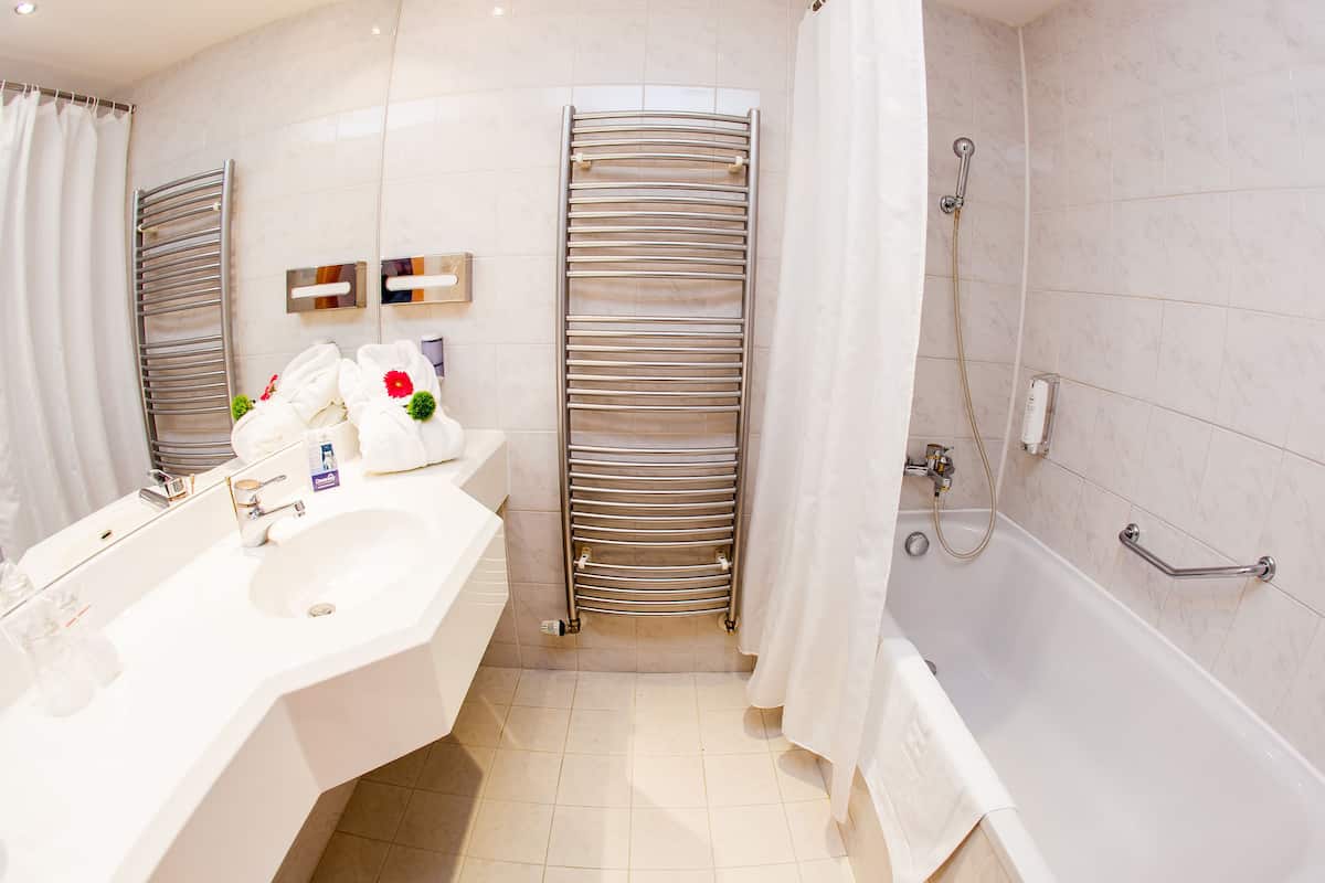 combined shower/bathtub, free toiletries, hair dryer, bathrobes