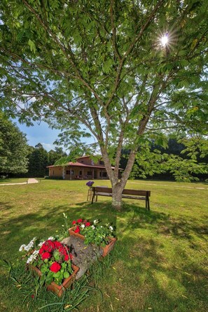 A house with a lawn, a bench, and flower beds.
