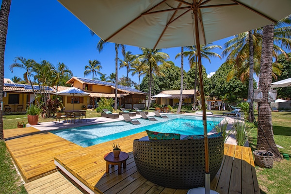 Outdoor pool, pool umbrellas, pool loungers