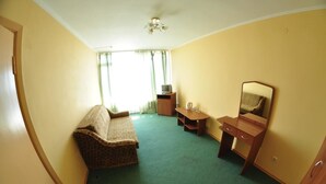 A room with a green carpet, a sofa, a wooden desk, a mirror, and a television on a stand. - Tourist Hotel (Lviv)