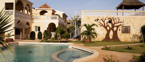 Outdoor pool, pool umbrellas, pool loungers