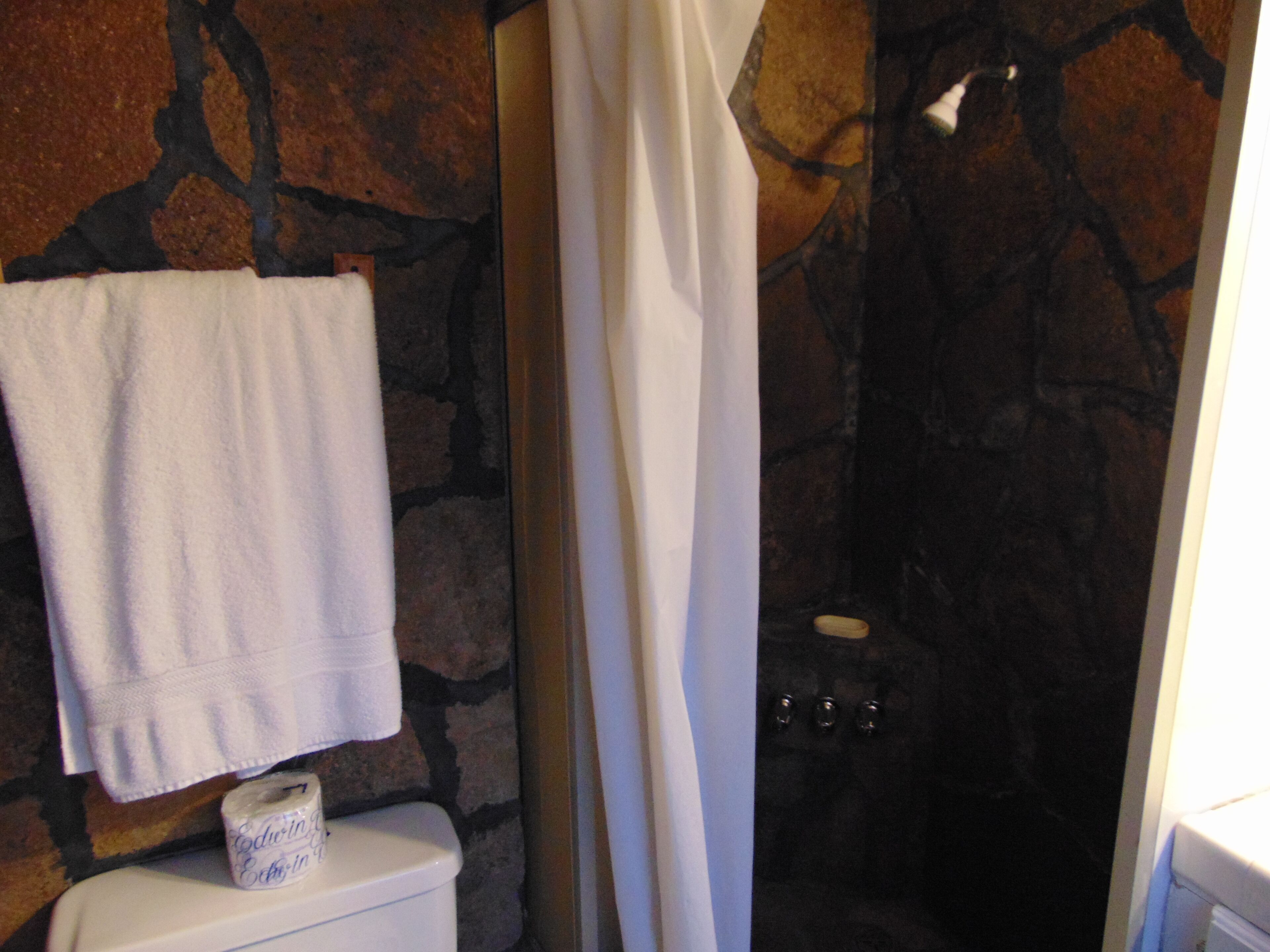 A bathroom with a stone wall, a white toilet, a towel hanging on the wall, and a shower curtain.