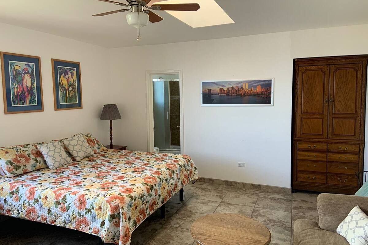 A bedroom with a bed, a wooden floor, a ceiling fan, a nightstand, a lamp, a wardrobe, and a bathroom with a glass door.