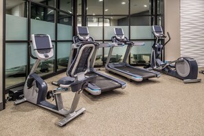A row of stationary bikes and treadmills in a gym with large windows and a modern interior. - Doubletree by Hilton Lafayette East, IN (Lafayette)