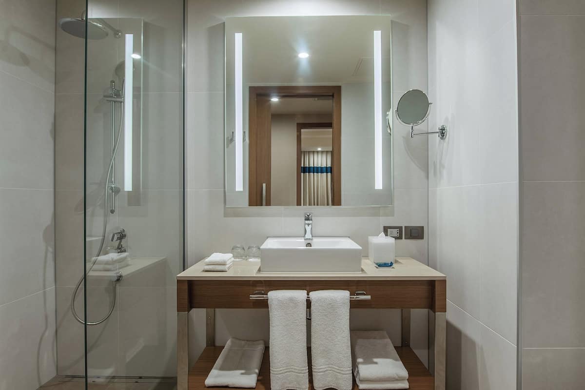 shower, eco-friendly toiletries, hair dryer, slippers