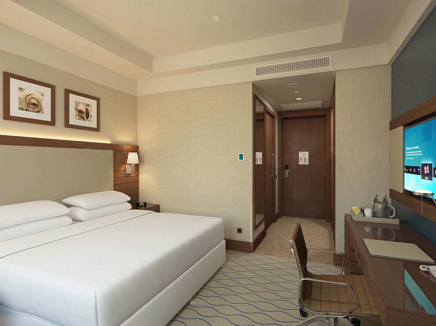 Habitación de hotel con una cama grande, un escritorio con silla, televisión y una puerta que da a otra habitación.