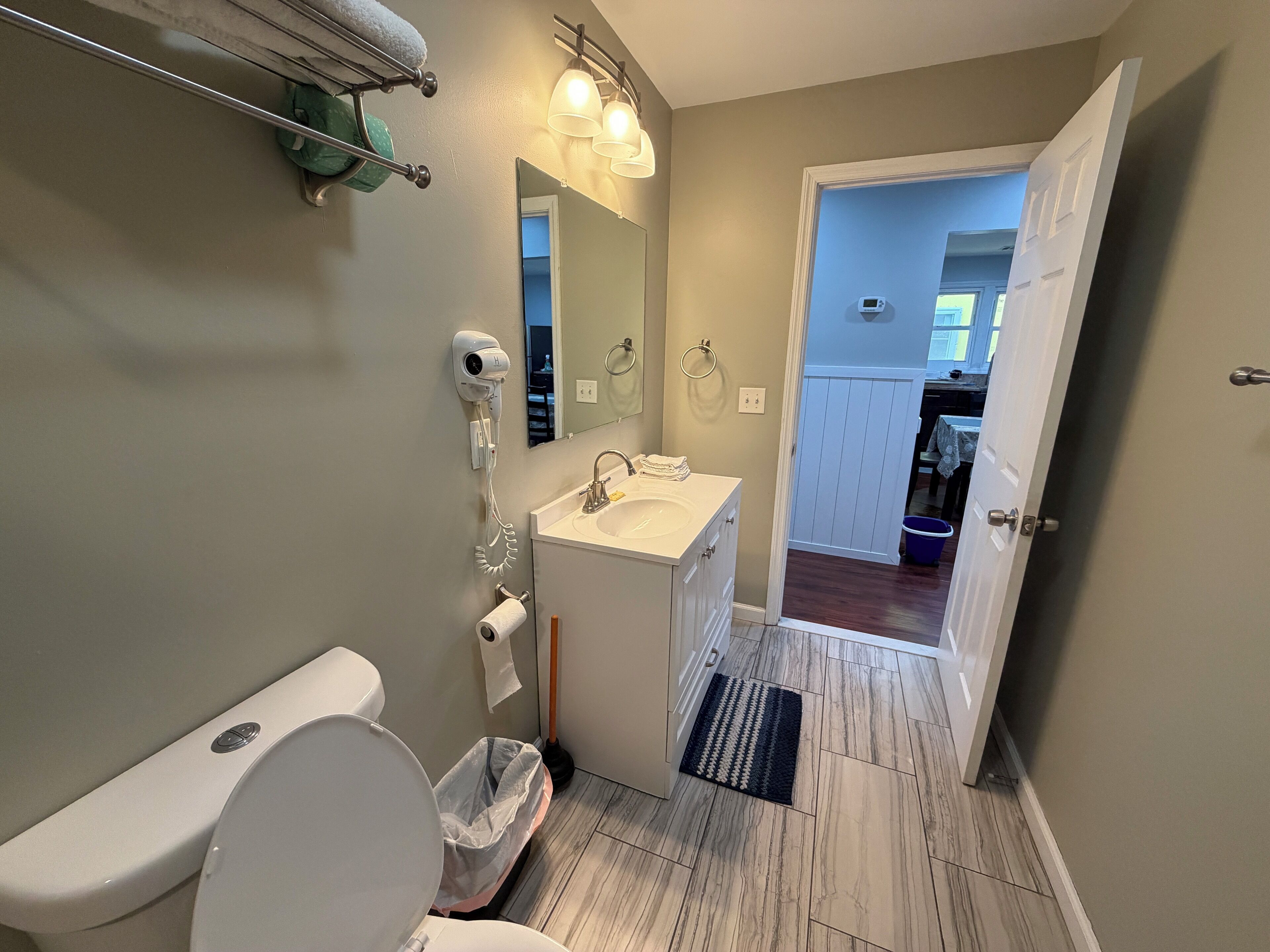 Baño con inodoro, lavabo y secador de pelo.