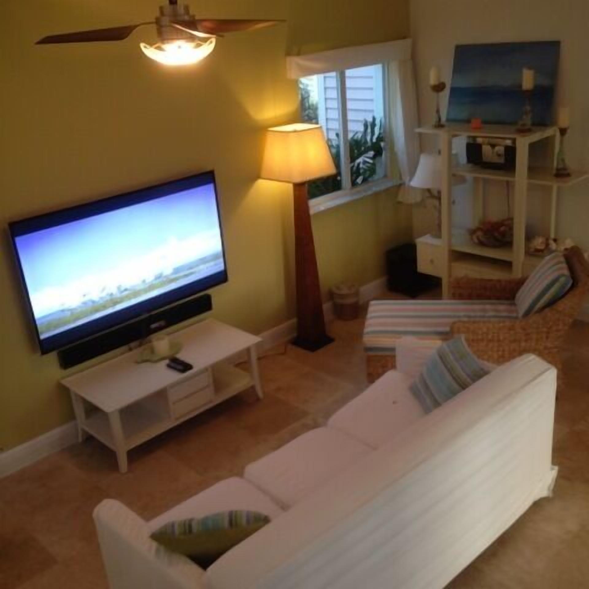 A living room with a flat-screen TV, a ceiling fan, a lamp, a sofa, and a window with a view of greenery.