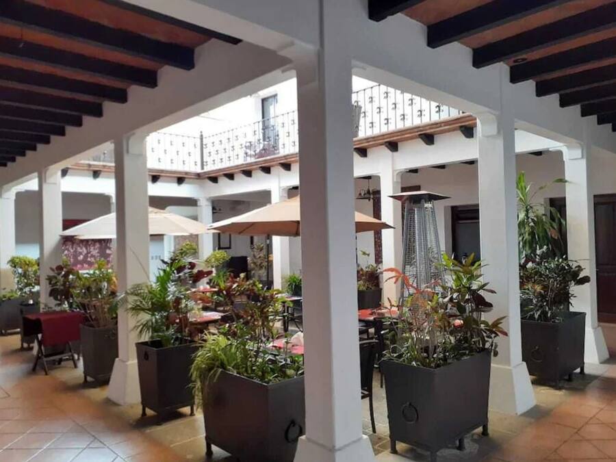 Uma área externa coberta com vários espaços de estar, plantas em vasos e guarda-sóis.