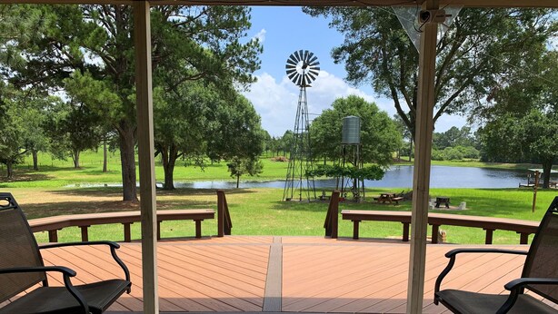 Ein überdachter Außenbereich mit Tisch und Stühlen, mit Blick auf einen Park mit Windmühle, Picknicktischen und einem See.