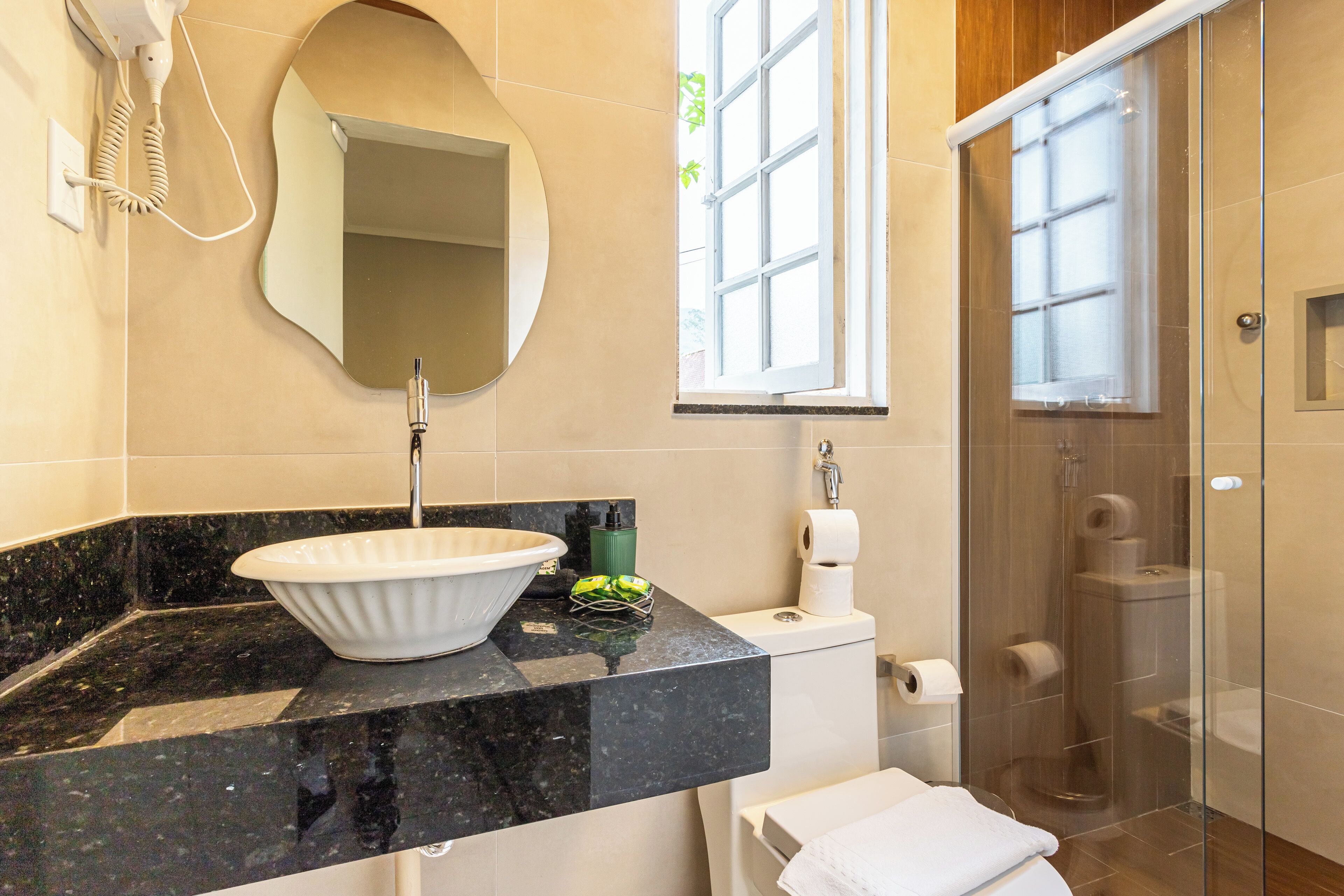 A bathroom with a large oval sink, a mirror, a toilet, a shower, and a window.