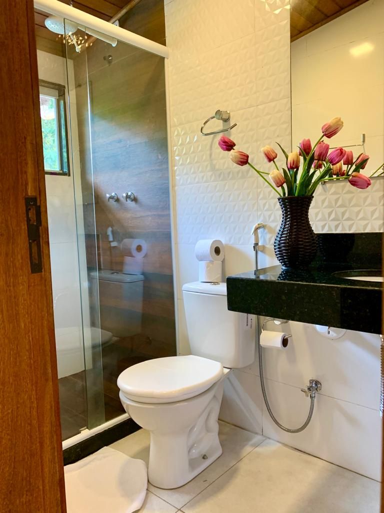 Un baño moderno con cabina de ducha de vidrio, inodoro blanco y lavabo negro con espejo.