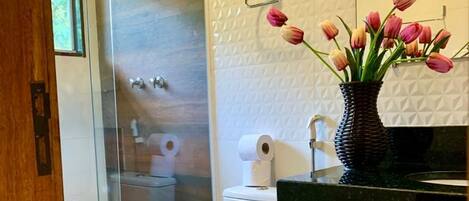 Un baño moderno con cabina de ducha de vidrio, inodoro blanco y lavabo negro con espejo.