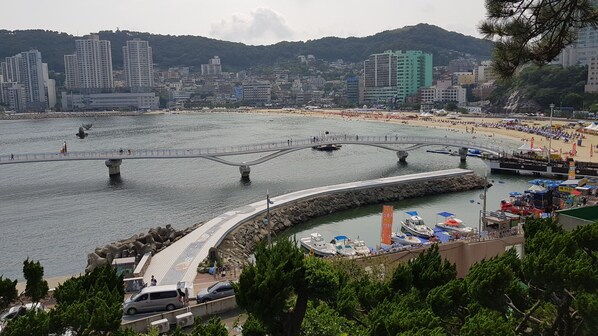 Un paisaje urbano costero con un puente sobre el agua, una playa y un puerto deportivo con barcos.