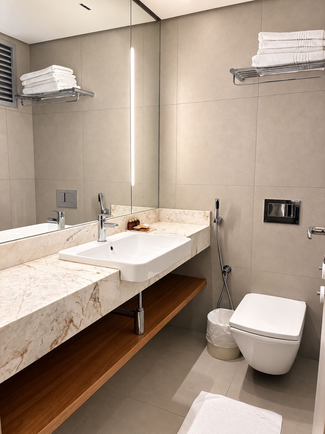 Un baño moderno con lavamanos doble, inodoro y ducha.