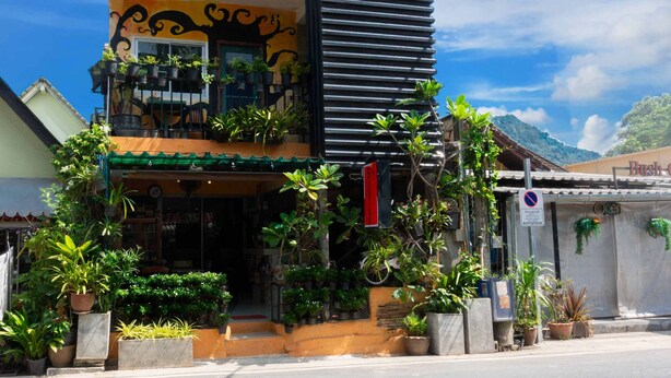 A building with a balcony adorned with potted plants, a sign indicating a business, and a no parking sign. - Sabina Guesthouse (Kamala)