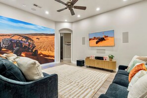 Smart TV, fireplace, video games, DVD player