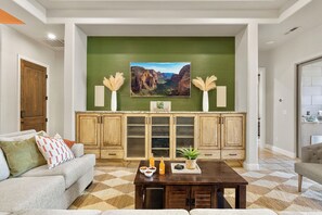 Smart TV, fireplace, video games, DVD player