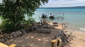On the beach, sun loungers