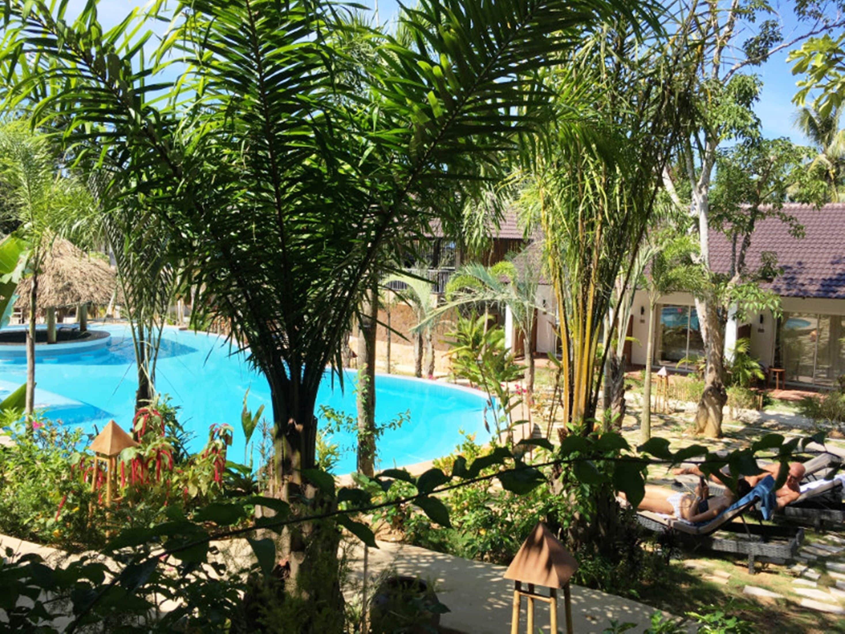 outdoor pool, pool loungers