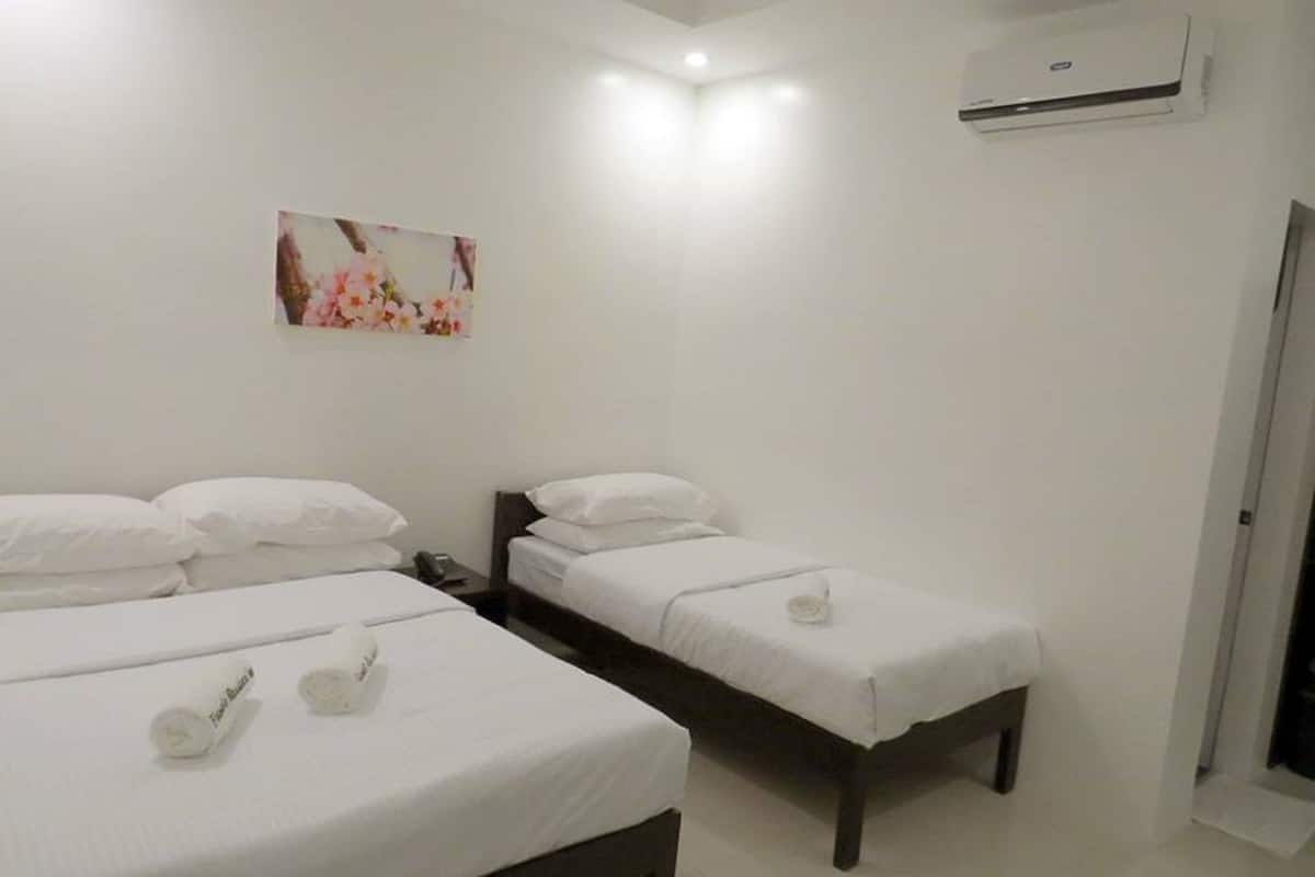 Habitación de hotel con dos camas individuales, una mesita de noche con teléfono, aire acondicionado instalado en la pared y un cuadro con motivos florales.