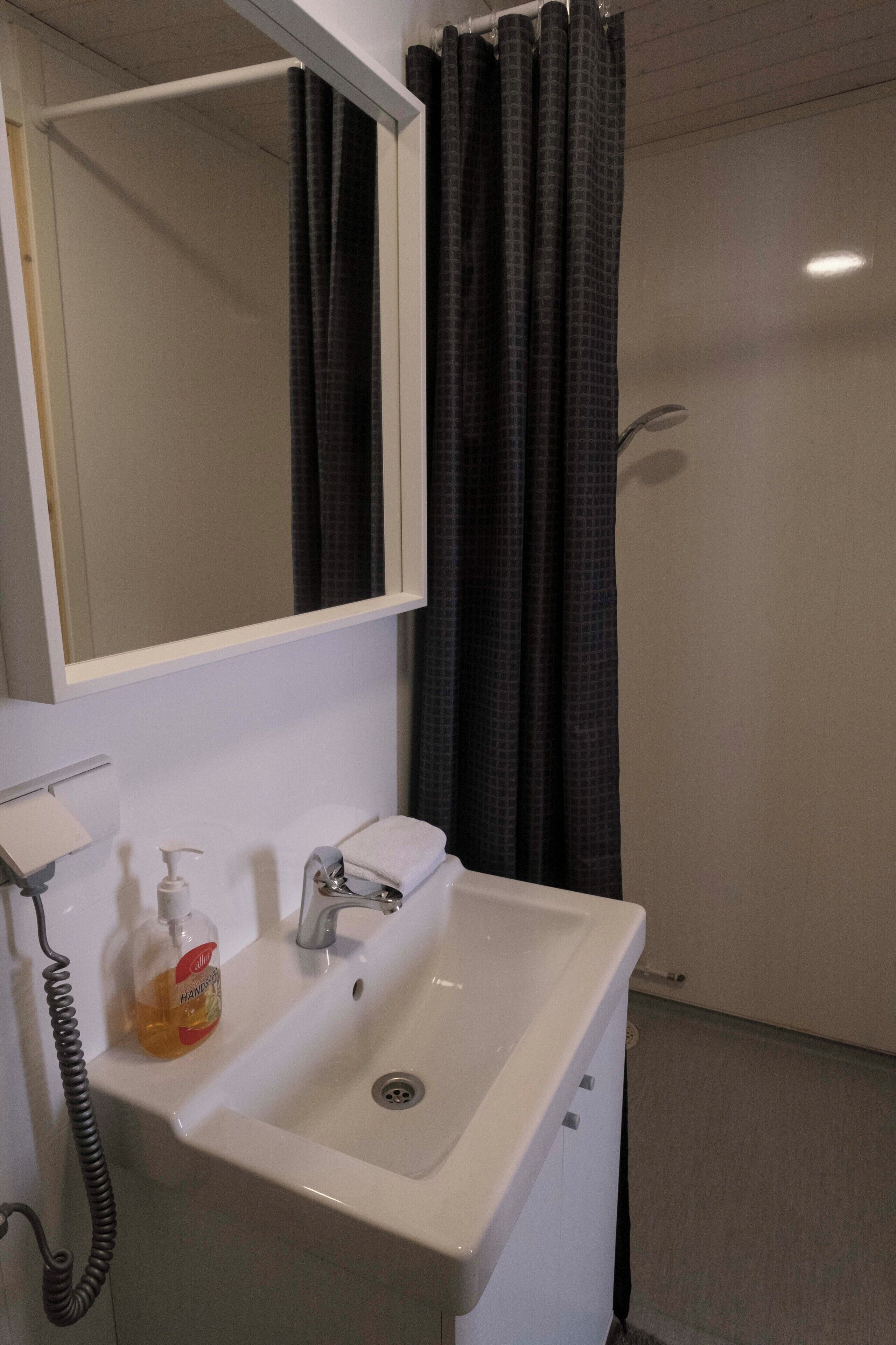 A bathroom with a white sink, a mirror, a telephone, and a bottle of hand soap.