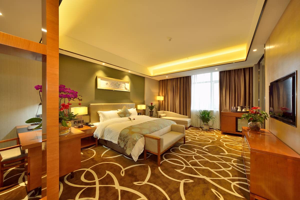 A hotel room with a large bed, a desk, a chair, a TV, and a view of the outdoors.