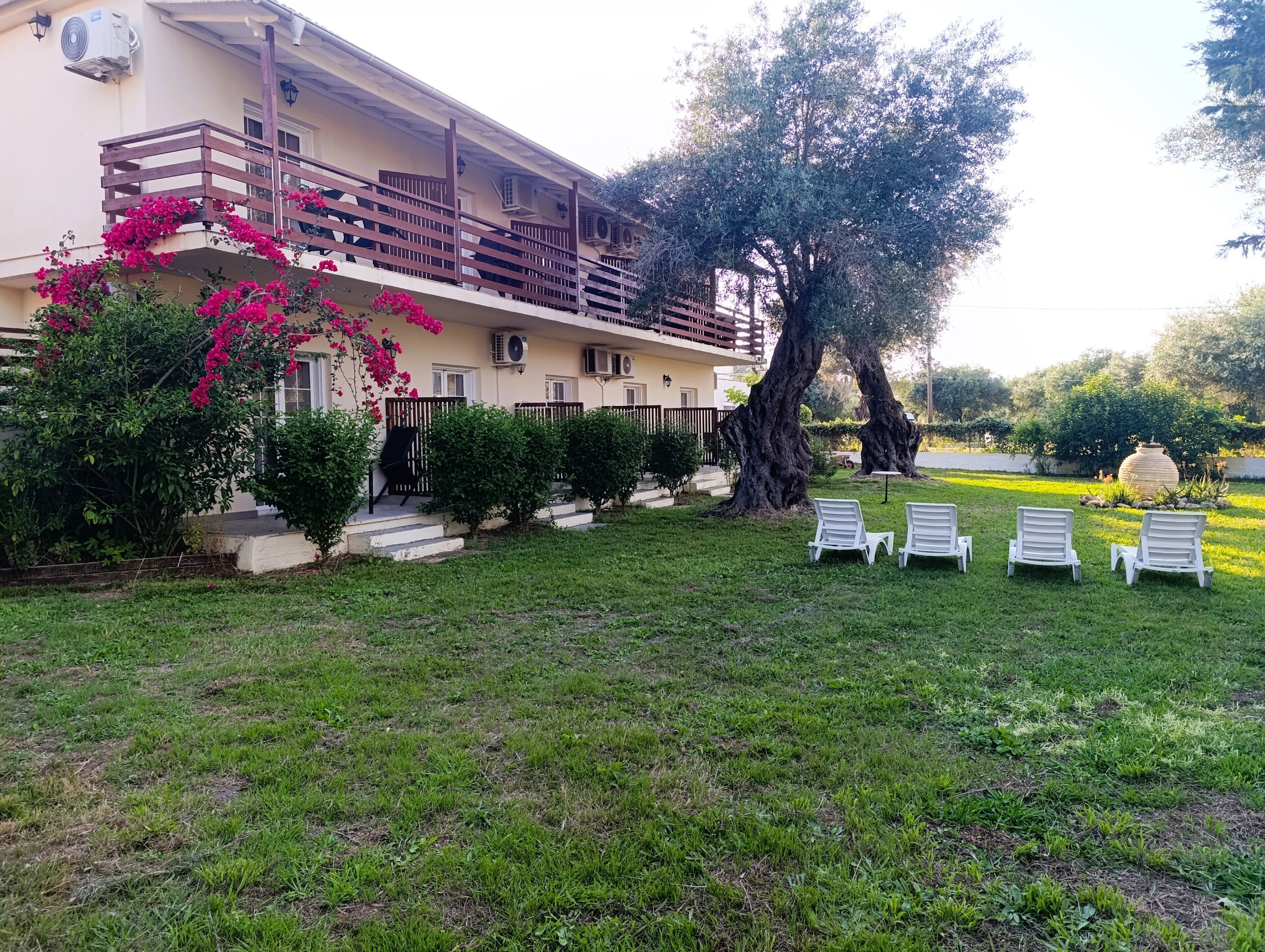 A building with a balcony, a large tree, and a grassy area with lounge chairs.
