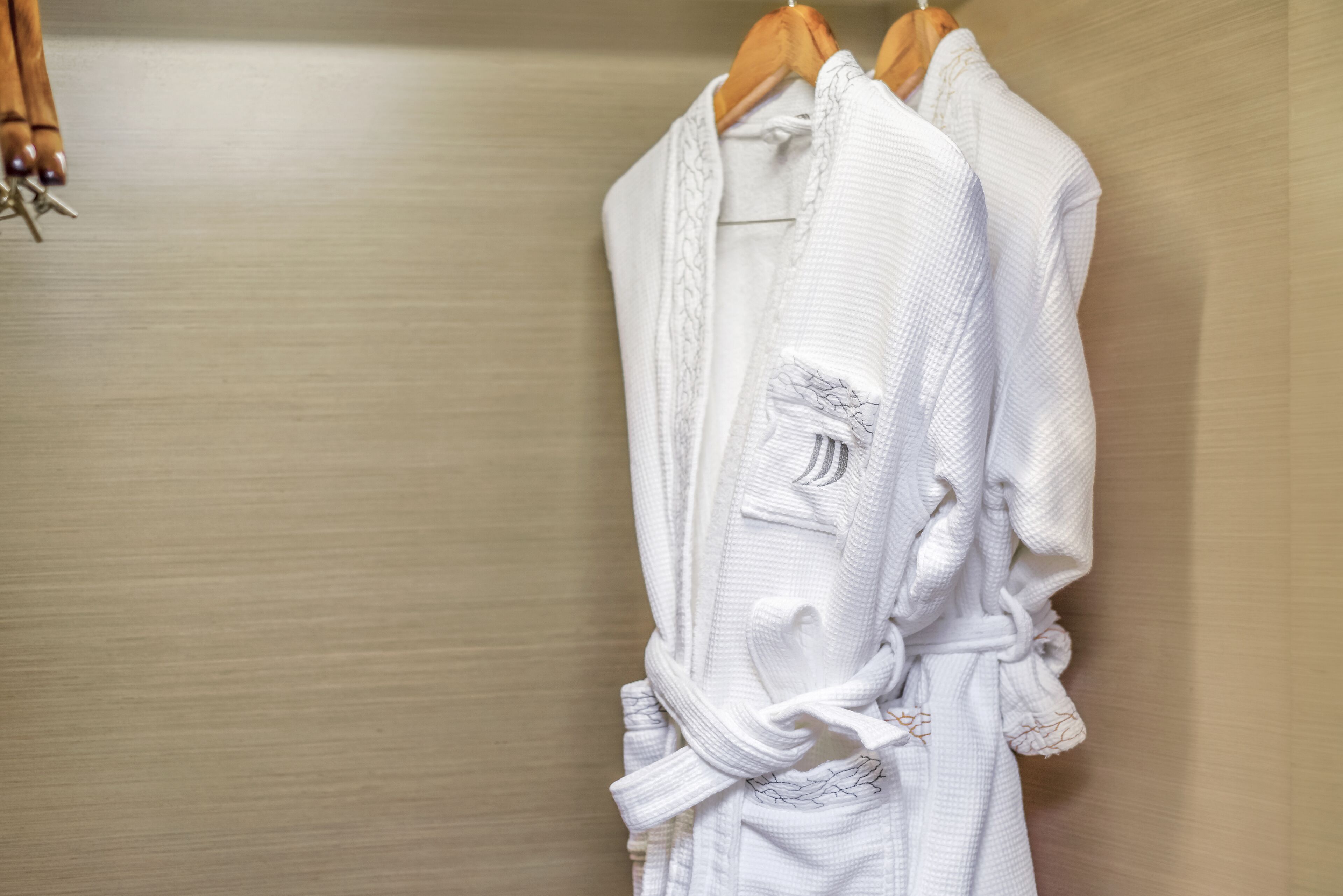Deux robes blanches sont suspendues à des cintres en bois devant un mur à texture.