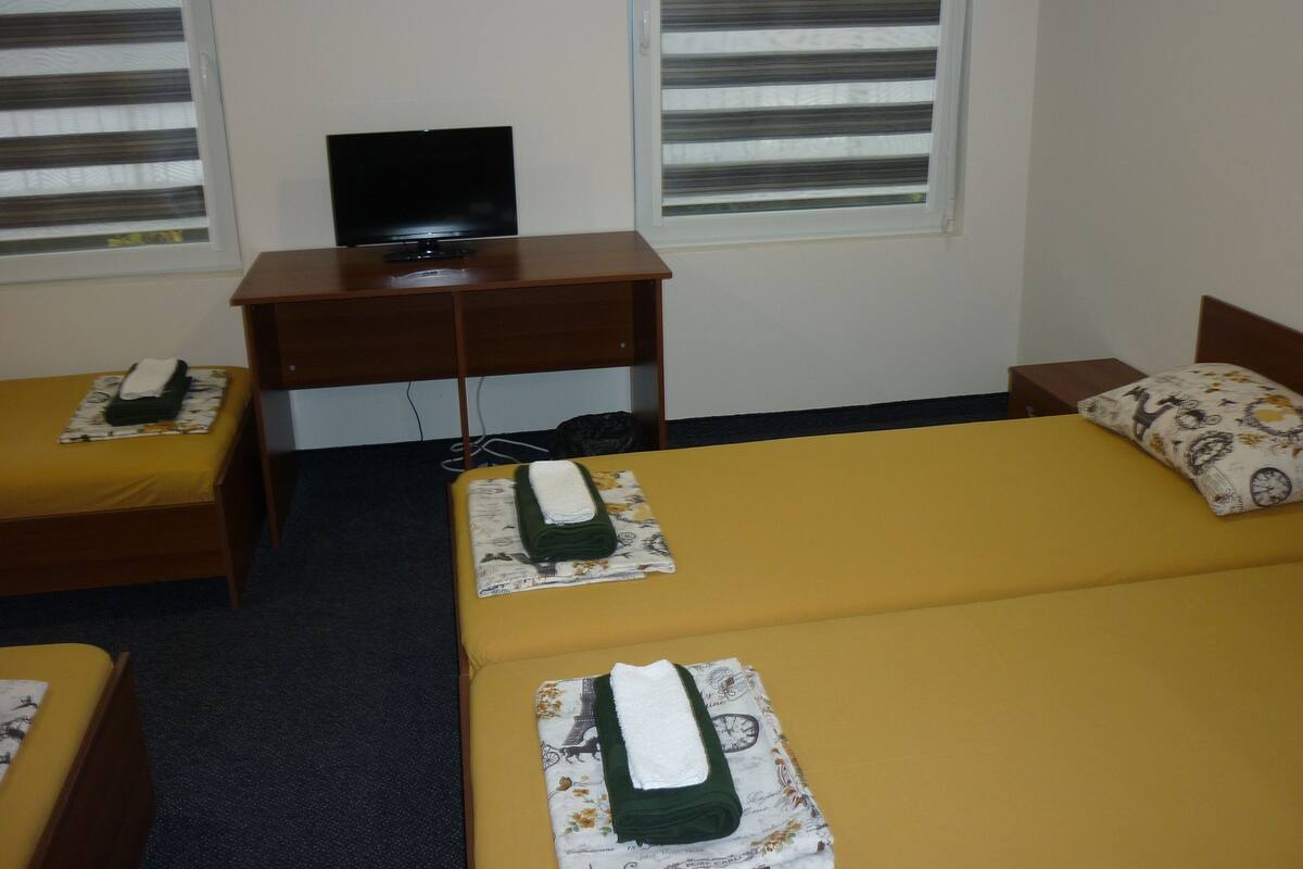 A hotel room with two single beds, a desk with a television, and a window with blinds.