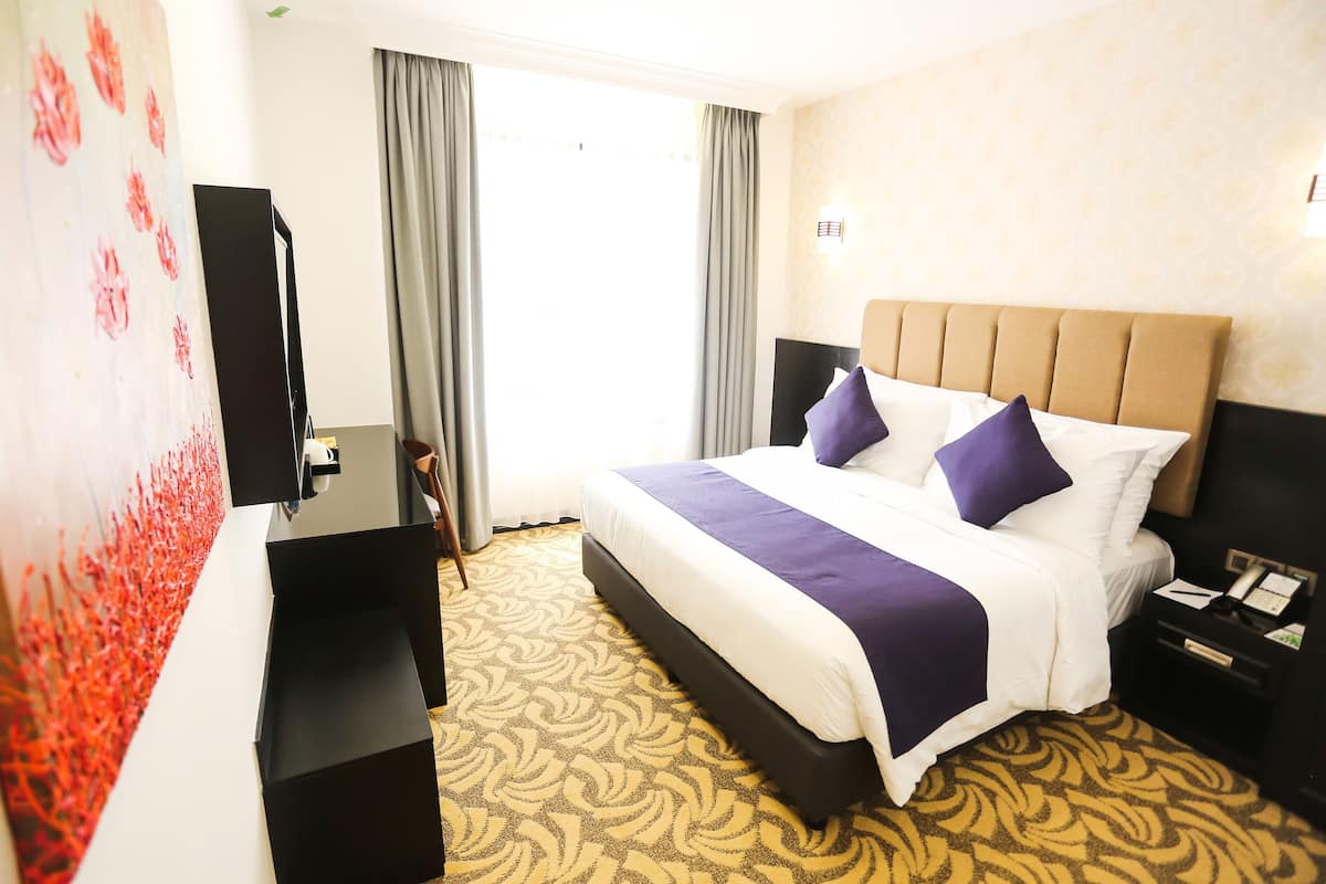 Une chambre d’hôtel avec un grand lit, un bureau et une télévision.
