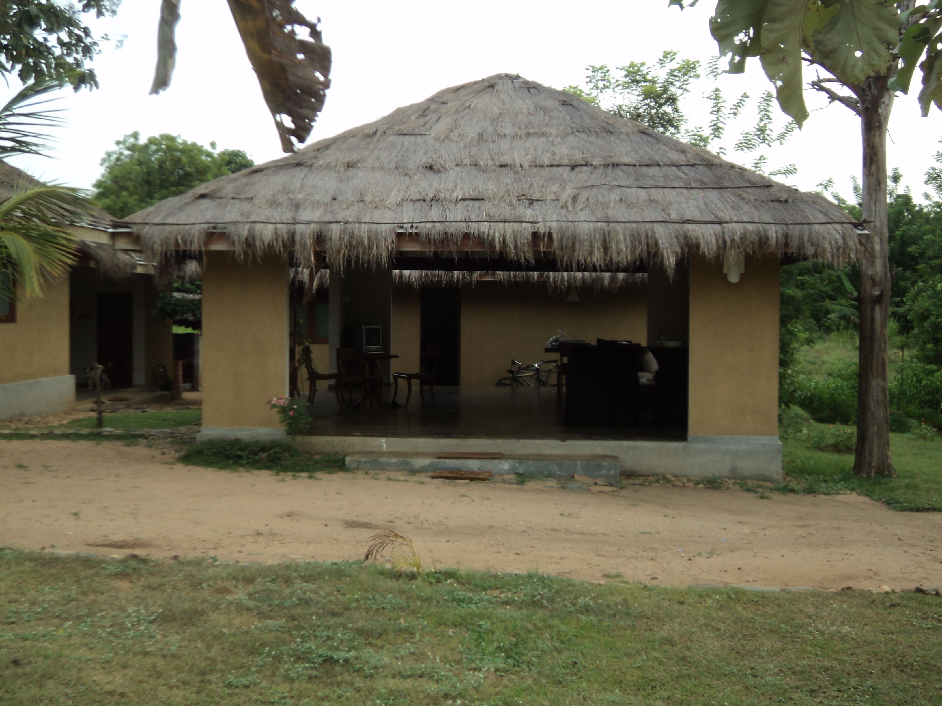 A thatched-roof hut with a porch, surrounded by greenery.