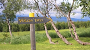 A wooden signpost with a yellow cap and a sign that reads "WALKING PATHS" pointing to the right. - Eyjólfsstaðir Guesthouse Egilsstaðir (Egilsstaðir)