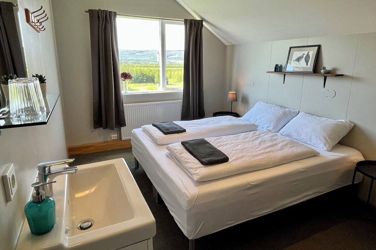 A hotel room with two beds, a window with curtains, a bedside table with a lamp, a shelf with a picture, and a sink with a soap dispenser.