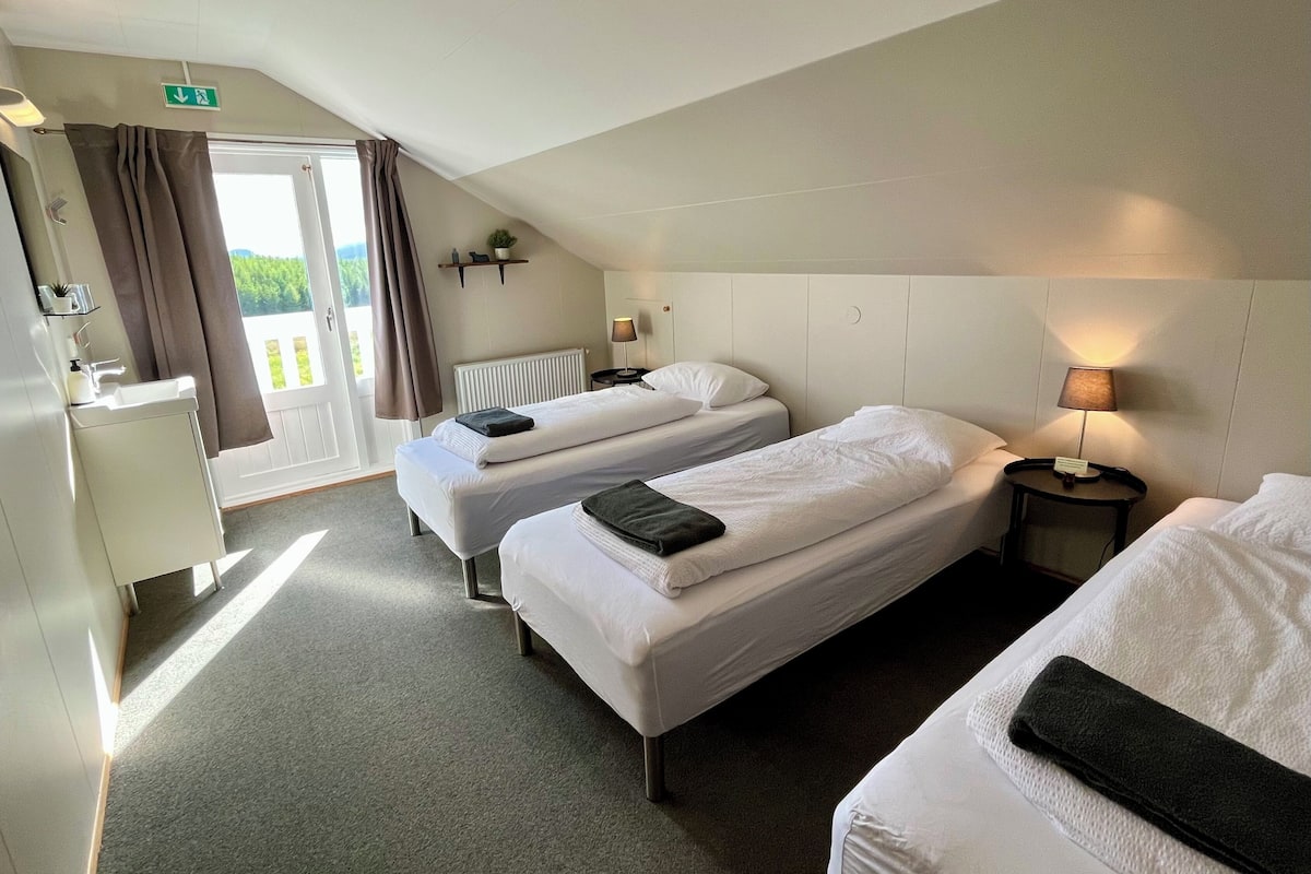 A hotel room with two single beds, a small desk, a chair, a radiator, a lamp, and a view of greenery outside.