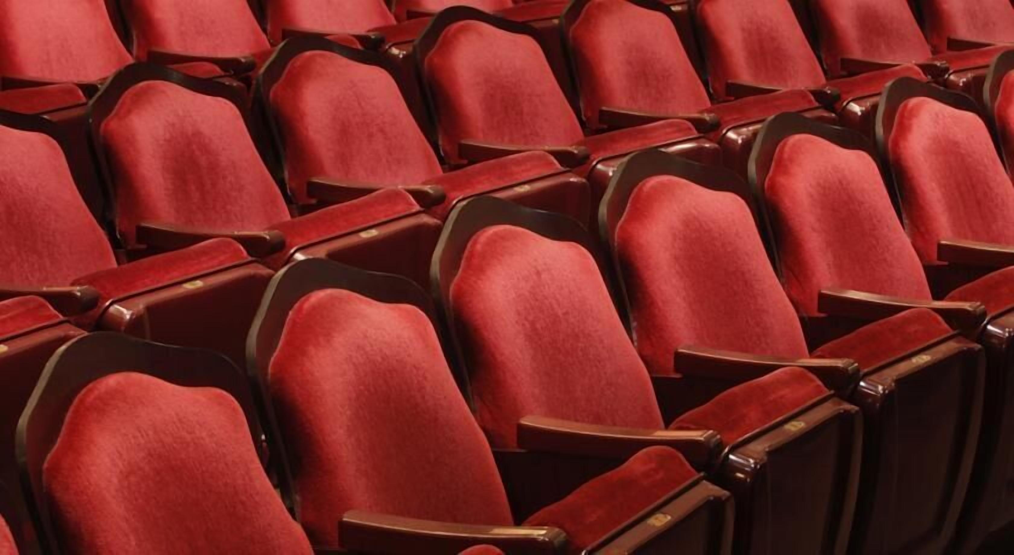 Rows of red upholstered theater seats with wooden armrests.