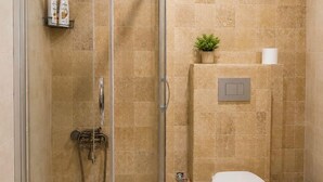 A shower with a glass door, a toilet, and a small plant on the wall. - Atakale Butik Otel (Vize)