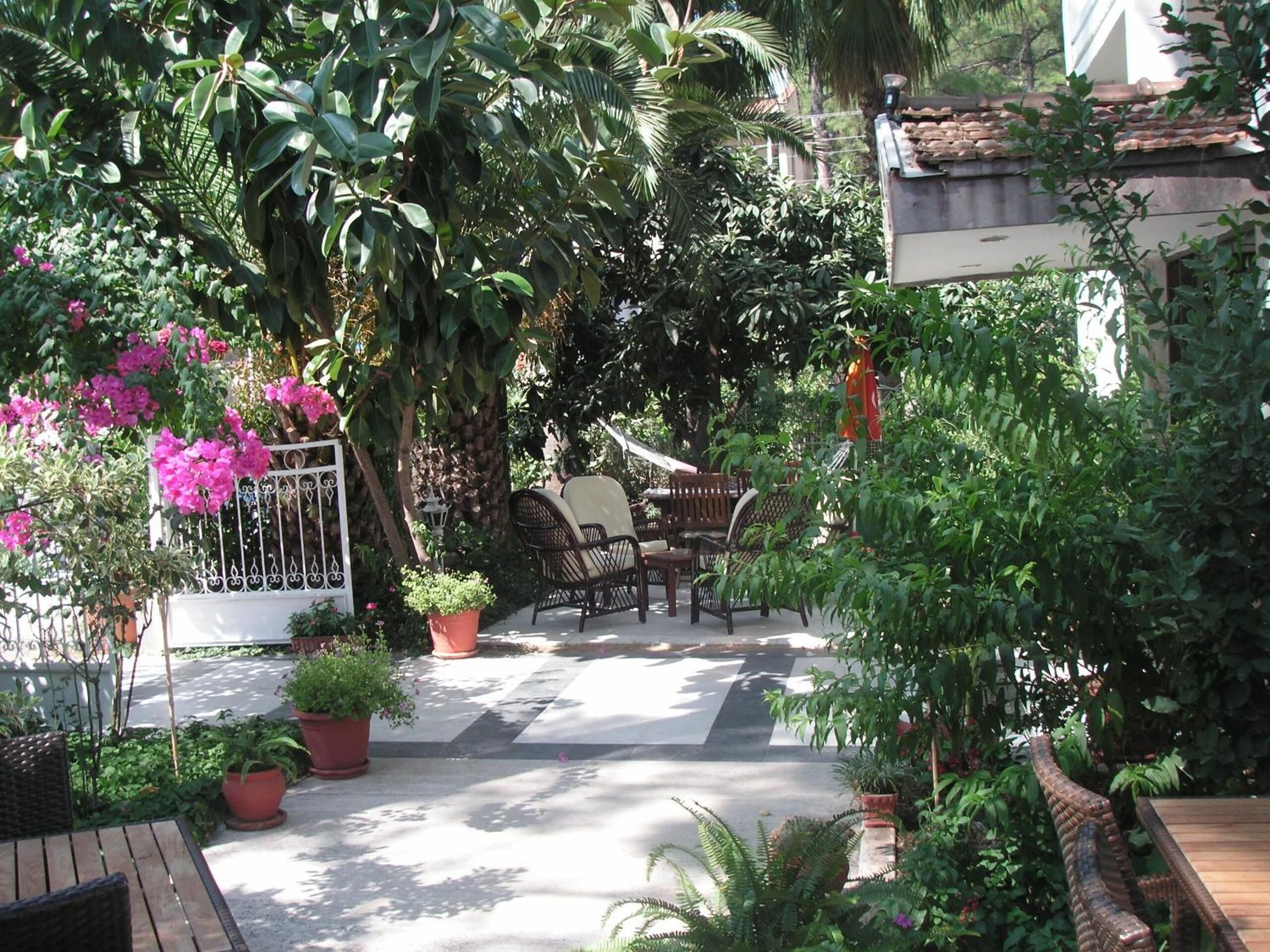 A courtyard with potted plants, outdoor furniture, and a tiled walkway.