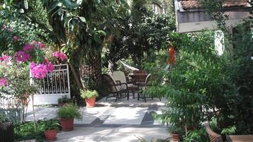 A courtyard with potted plants, outdoor furniture, and a tiled walkway.
