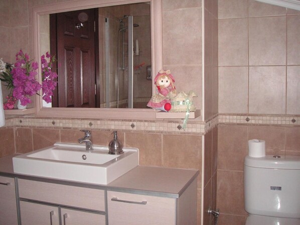Un baño con un lavamanos blanco, un espejo encima y un inodoro.