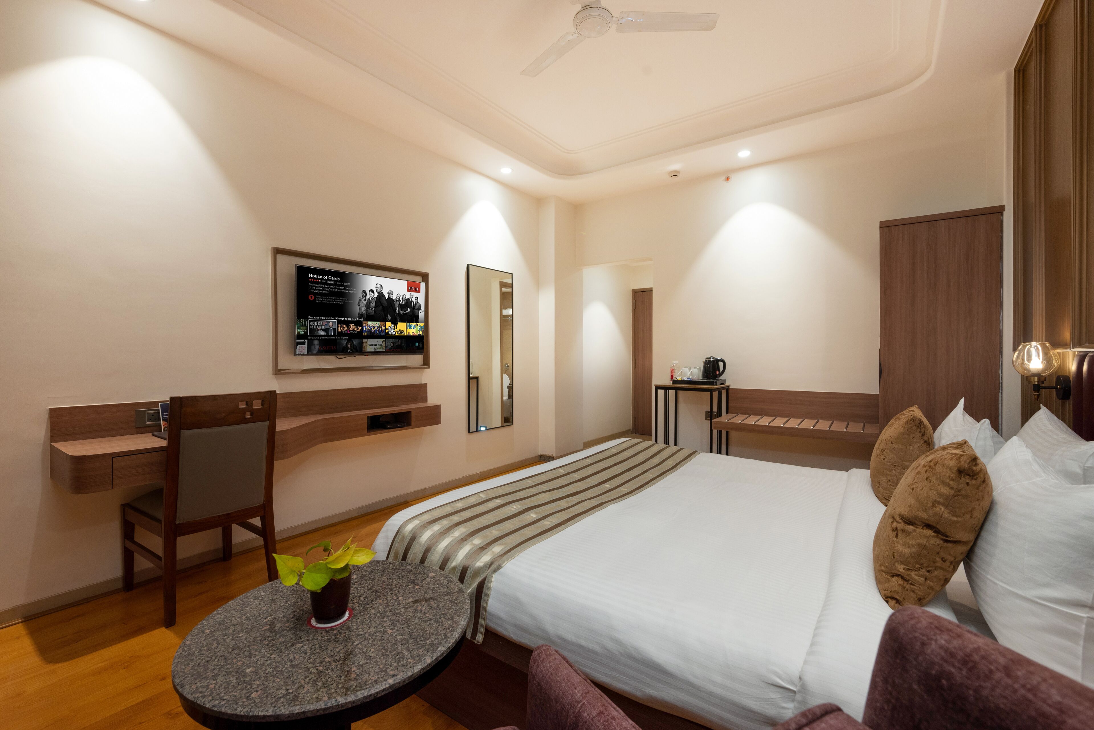 A hotel room with a bed, a desk, a chair, a small table with a plant, a TV mounted on the wall, and a ceiling fan.