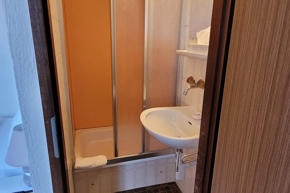 basic single room (private shower, shared toilet ) | bathroom | shower, hair dryer, towels